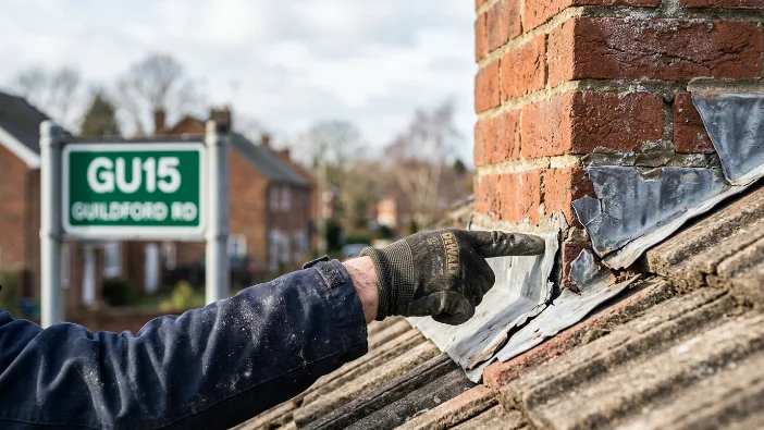 Roofer inspecting damaged chimney flashing on Guildford Road (GU15) in Camberley