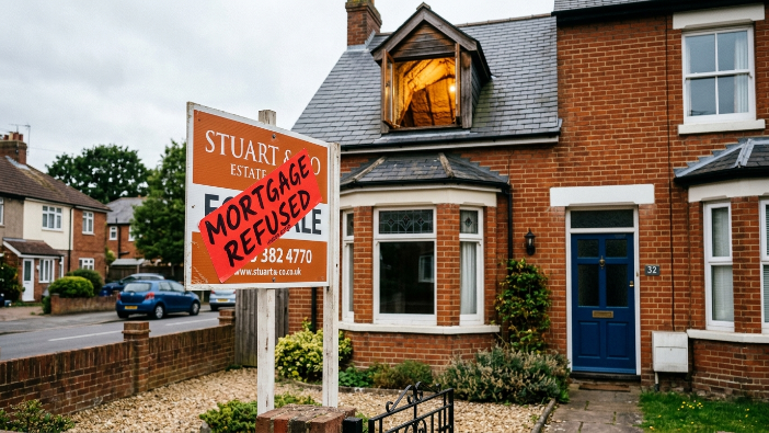 Mortgage refused sign outside Camberley house with spray foam insulation visible in loft dormer window