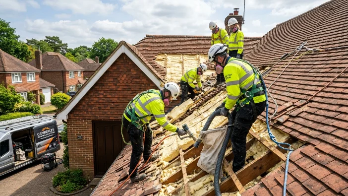 Professional roofers removing spray foam insulation from Camberley home roof to help homeowners sell their property in 2026