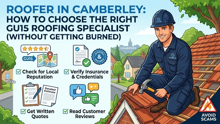 Infographic guide showing how to choose the right GU15 Camberley roofer in 2026 - check reputation, verify insurance, get written quotes, read reviews, avoid scams