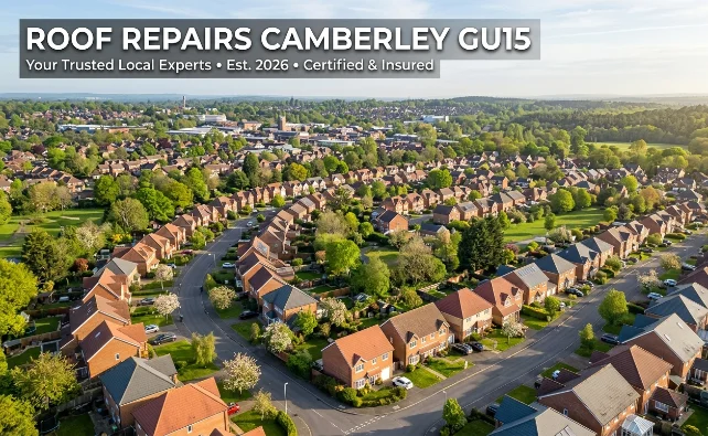 Aerial view of Camberley GU15 residential area showing rooftops - expert roof repairs for common problems and costs in 2026